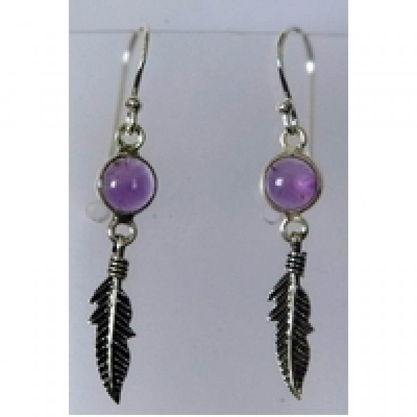 6mm bezel set genuine gemstone with 925 sterling silver feather earring