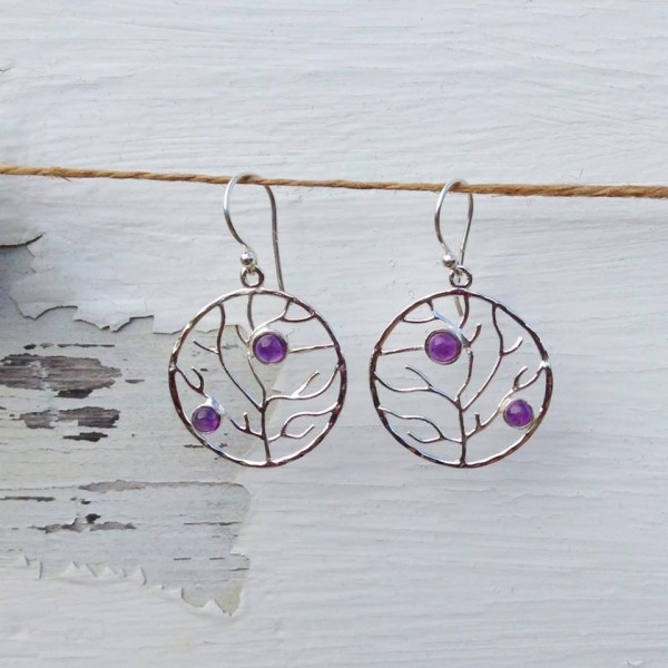 Beautiful tree of life sterling silver earrings set with 2 semi precious gemstones