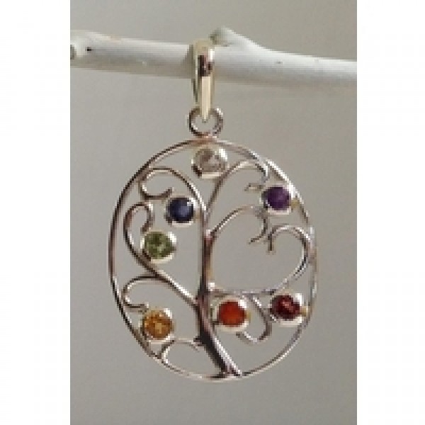 Tree of life design set with 7 genuine gemstone chakra stones