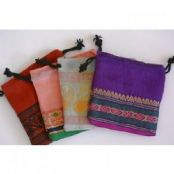 embroidered drawstring crystal pouch made from recycled sari fabric