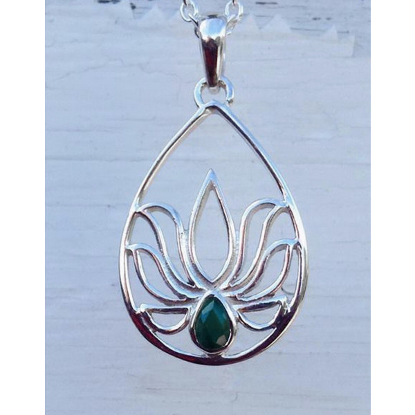 P638 Sterling silver lotus pendant adorned with faceted pear shaped genuine gemstone