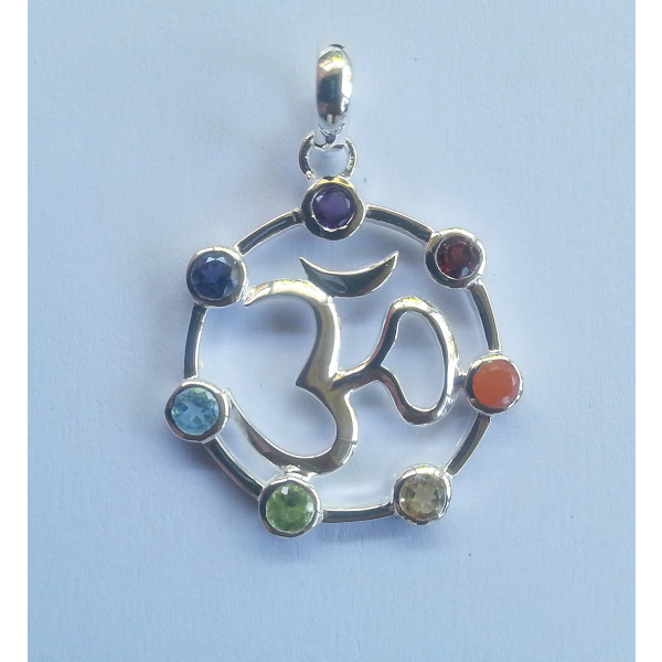 Om symbol with 7 chakra gemstones set in sterling silver