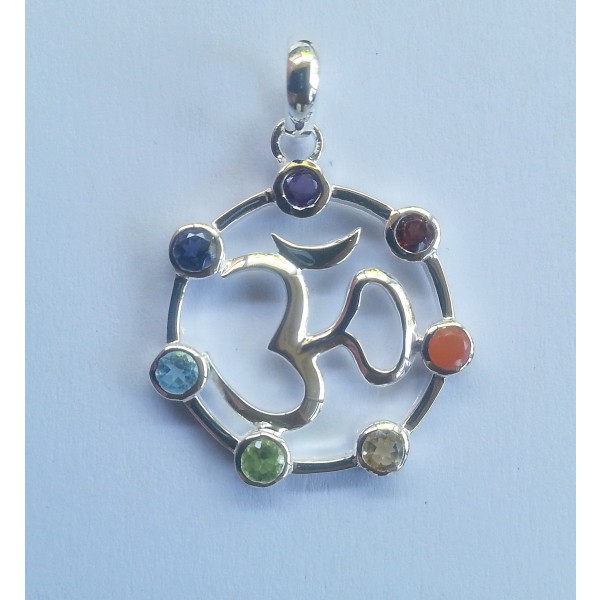 Om symbol with 7 chakra gemstones set in sterling silver