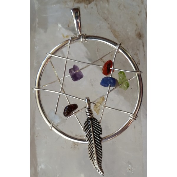 P655 Dream catcher pendant in sterling silver with genuine chip gemstones