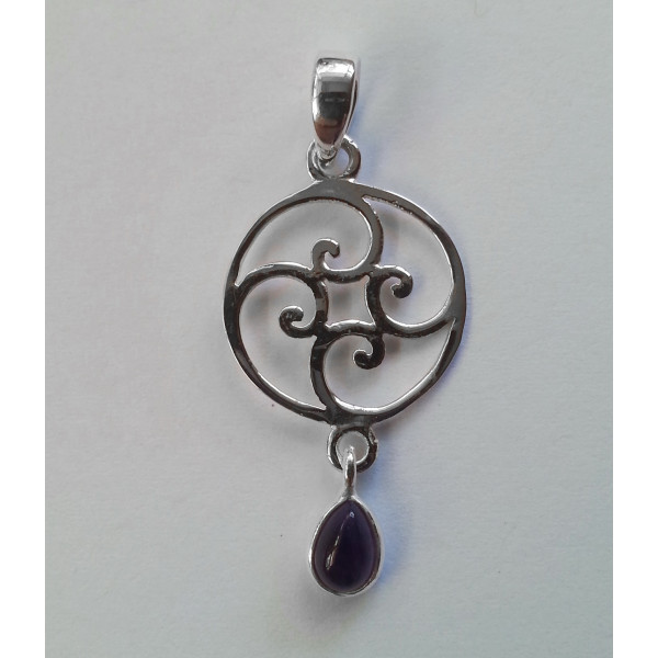 Sterling silver pendant symbolic of continuous flow and constant change with genuine gemstone drop