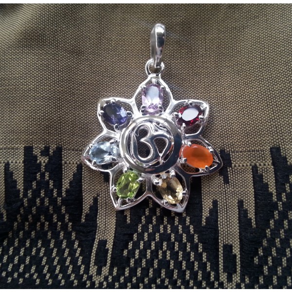 flower with om and chakra gemstones pendant