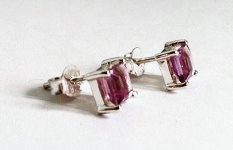 E029a Sterling silver stud earring set with gorgeous square cut faceted genuine gemstone.