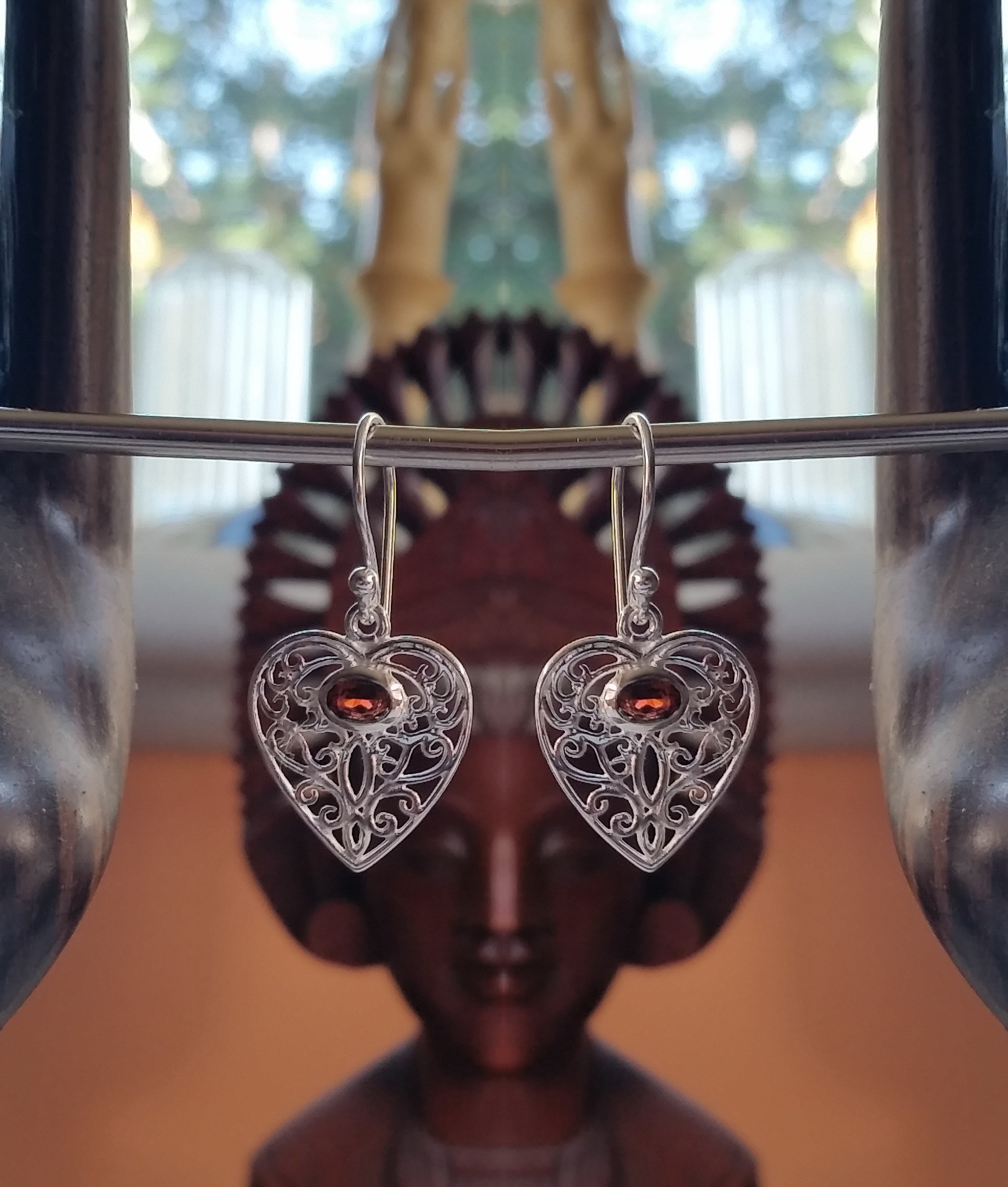 E494 Heart shaped sterling silver filigree work with faceted semi precious gemstone