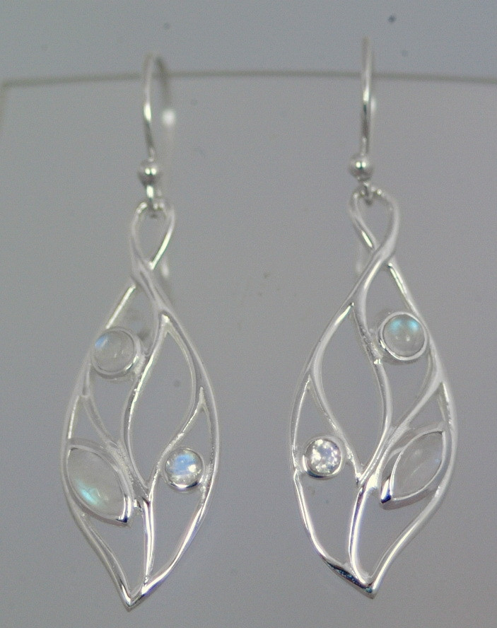E511 Leaf design sterling silver earrings 3 gemstones each side.