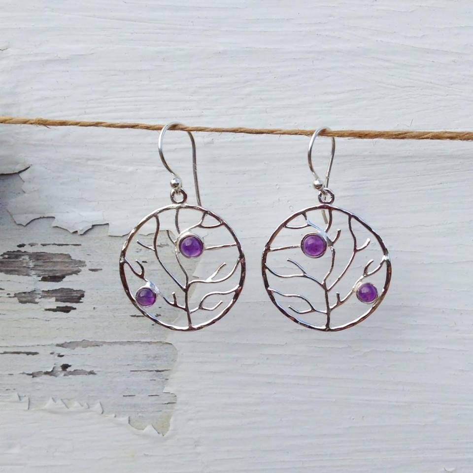 Beautiful tree of life sterling silver earrings set with 2 semi precious gemstones