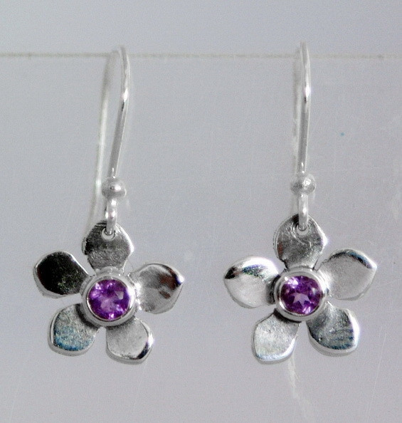 Dainty flower design sterling silver earring with faceted semi precious genuine gemstone