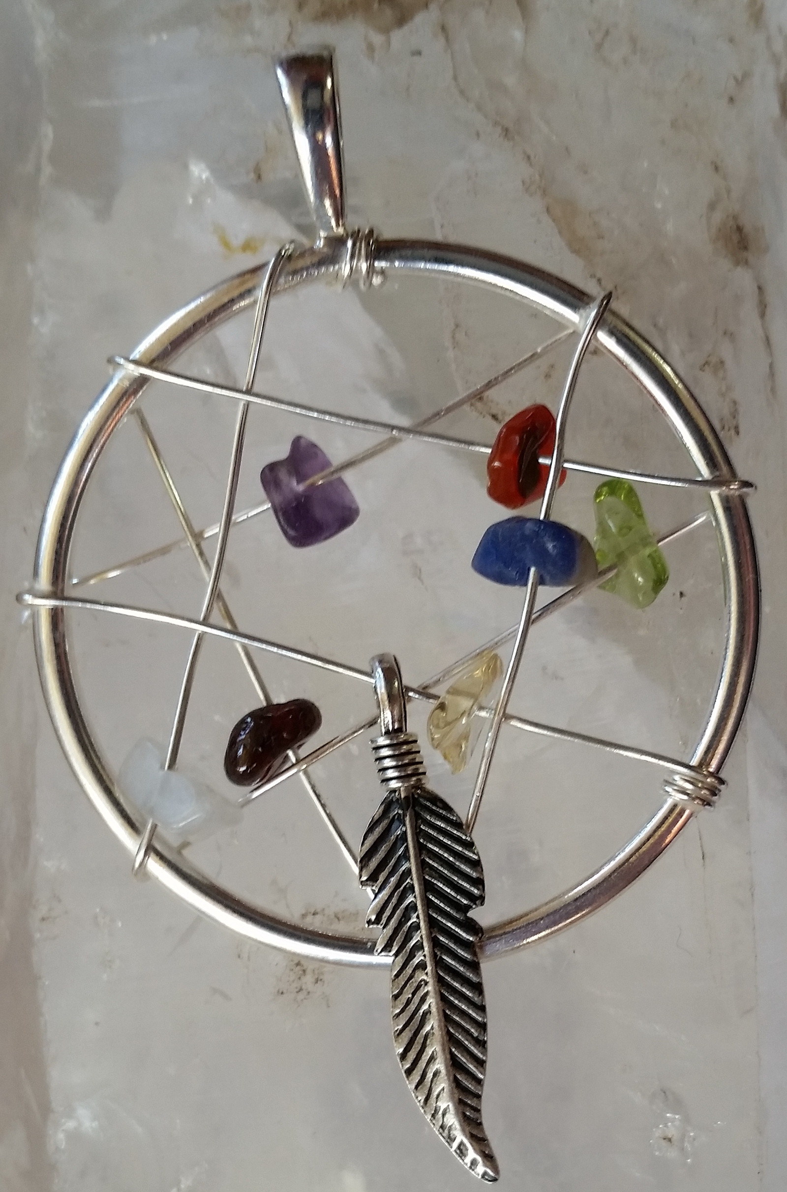 P655 Dream catcher pendant in sterling silver with genuine chip gemstones